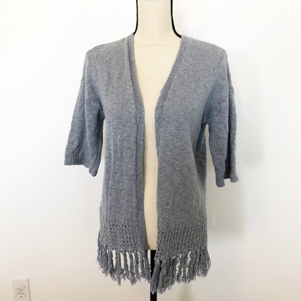 LOFT Blue Open Front Tassel Fringe Short Sleeve Cardigan Sweater Womens XS